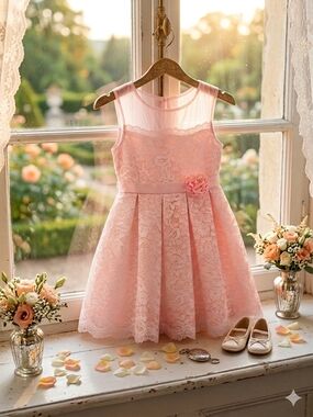 Jona Michelle Soft Pink/Peach Lace Floral w/ Sash & Bow, Size 5, NWOT